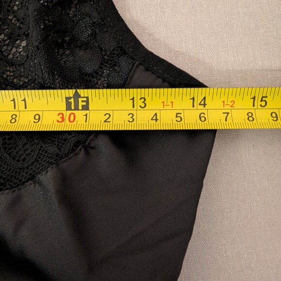 Black Satin Lace Mini Nightgown Ruched Sides Single Strap Chemise - Picture 10 of 11